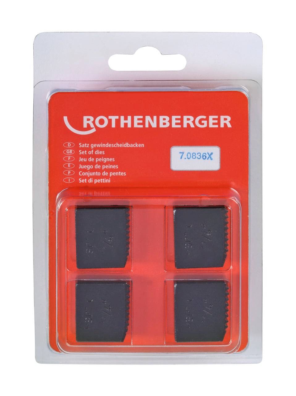 Paket mit der Aufschrift 'ROTHENBERGER', das vier schwarze Werkzeuge mit Zähnen enthält, möglicherweise Rohgewindeschneider, Produktcode '7.0836X'.