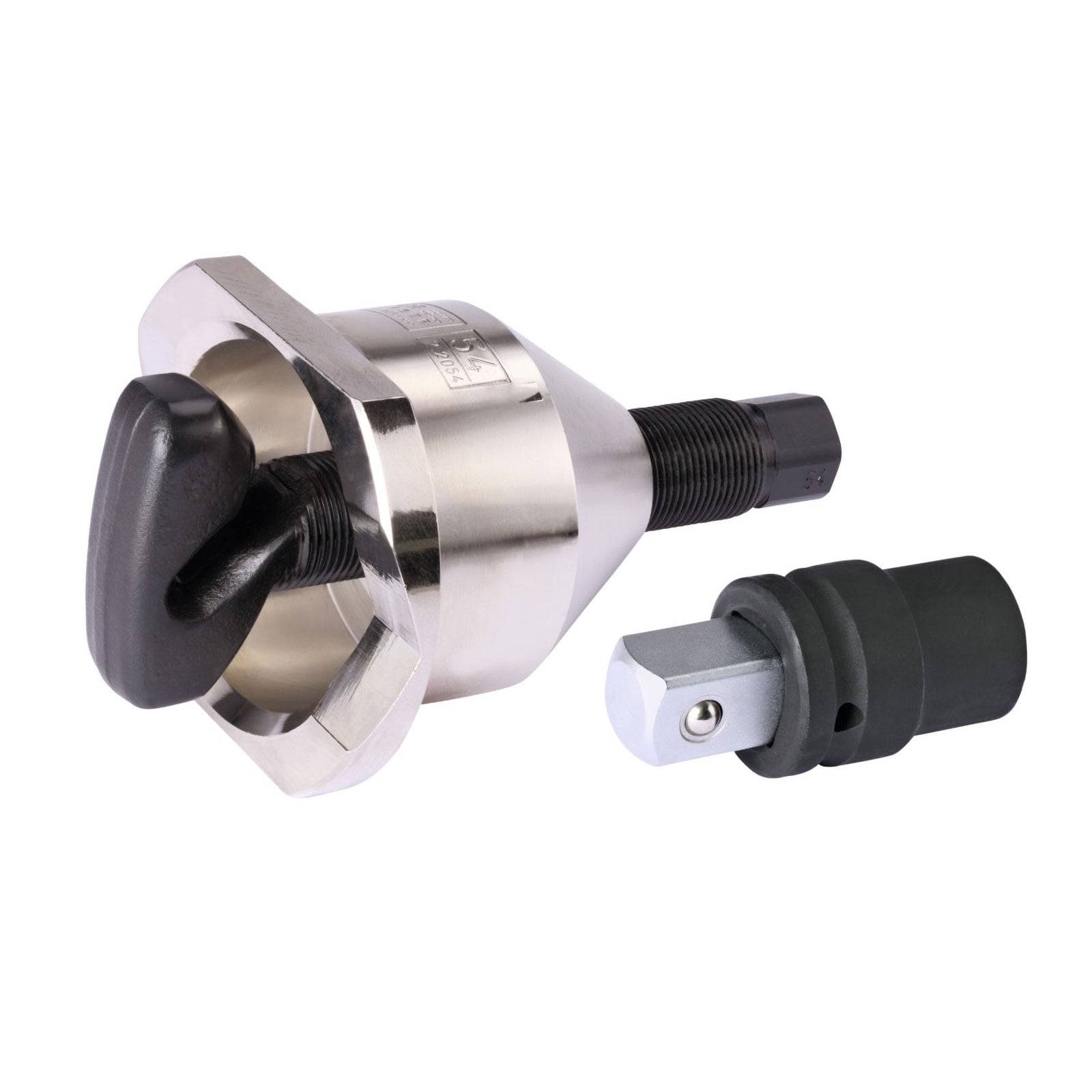 Ein Metallkegelwerkzeug mit einem schwarzen Griff und einem sechseckigen Adapter daneben, das zum Festziehen oder Lösen bestimmter Komponenten verwendet wird.