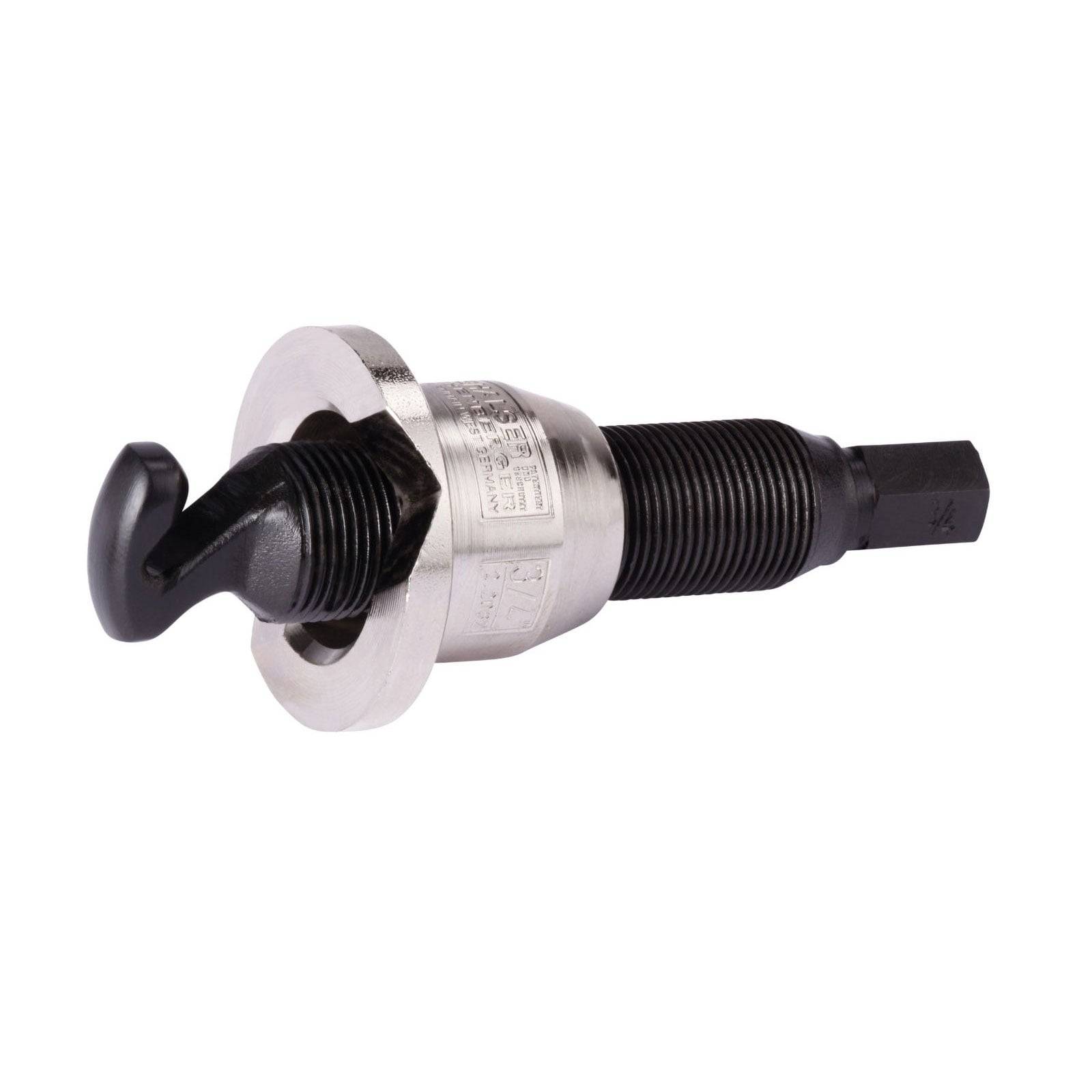 Ein Metalllochwerkzeug mit drehbarem Griff und Gewinde-Körper, das zum Erstellen von sauberen, runden Löchern in Materialien wie Stahlblech verwendet wird.