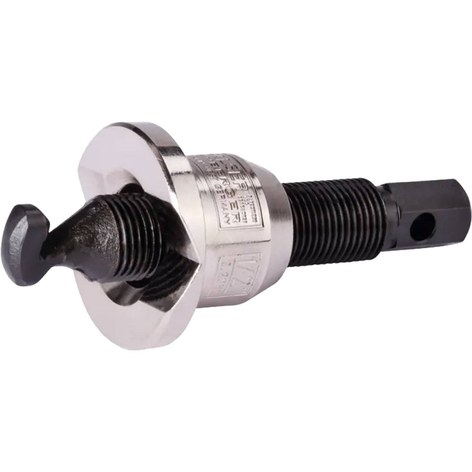 Ein Lochstanzwerkzeug mit einem Metallgehäuse und schwarzer Gewindestange, entwickelt zum präzisen Stanzen von Löchern in Blech.