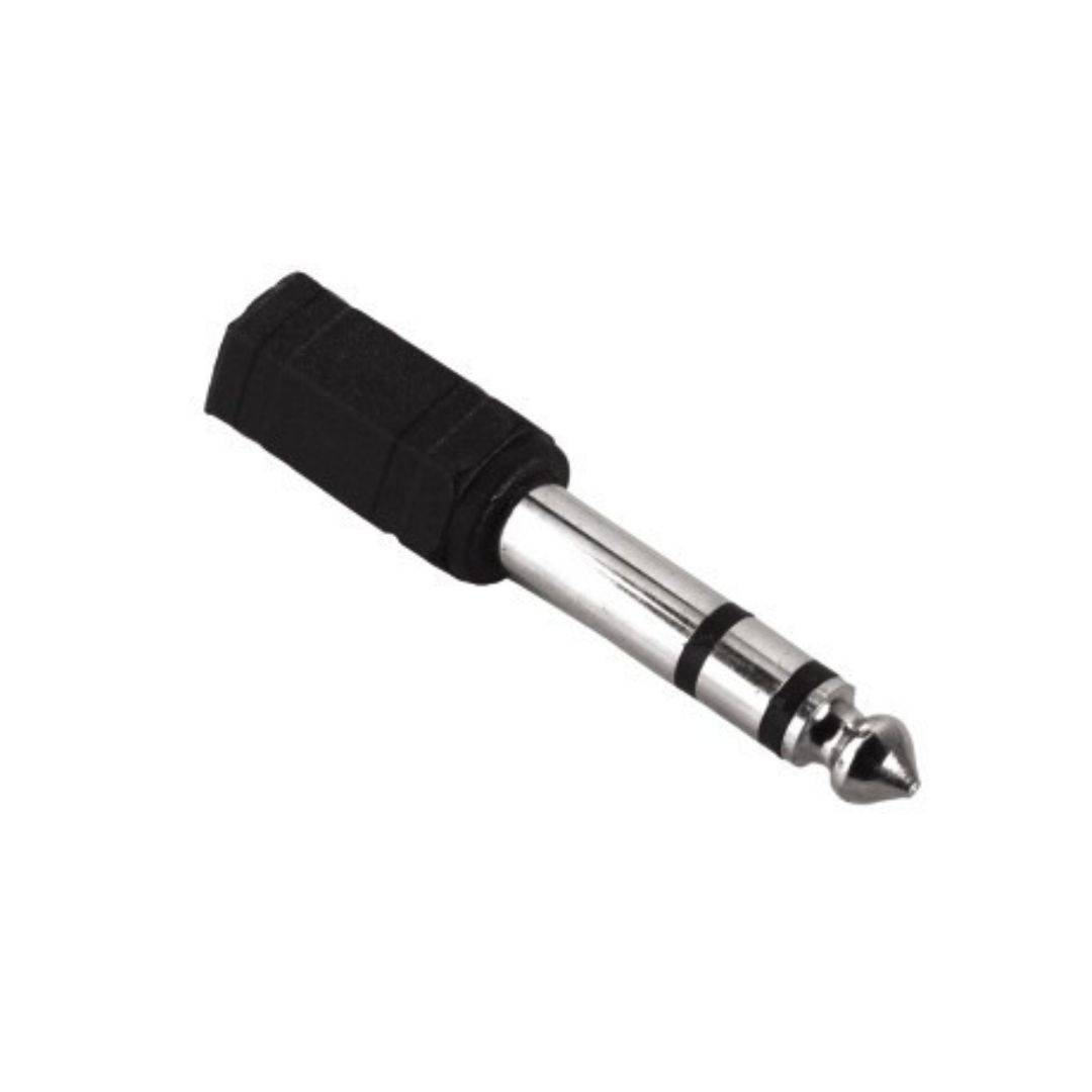 Ein 1/4-Zoll-Audio-Adapterstecker mit schwarzem Griff und silberner Metallspitze auf weißem Hintergrund.