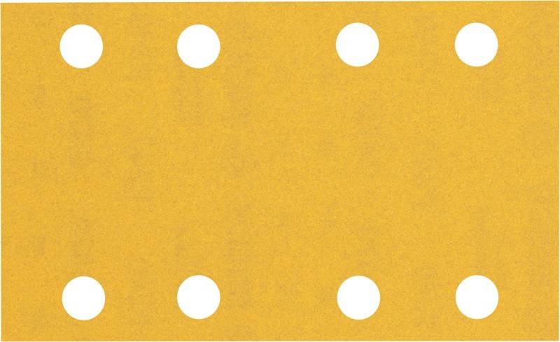 Ein quadratisches Stück Schleifpapier mit vier gleichmäßig verteilten runden Löchern auf gelbem Hintergrund.