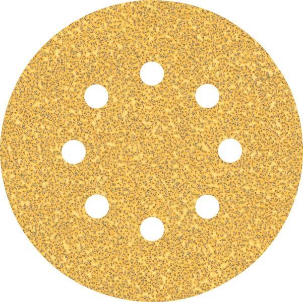 Eine runde, strukturierte, gelbe Schleifpapierscheibe mit sieben gleichmäßig verteilten Löchern, die zum Glätten von Oberflächen verwendet wird.