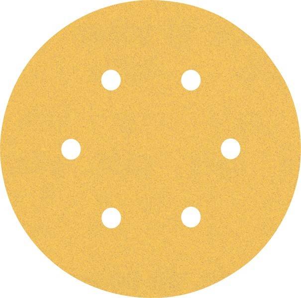 Eine runde, gelbe Schleifscheibe mit sechs gleichmäßig verteilten Löchern, die zum Schleifen von Oberflächen mit einem Exzenterschleifer verwendet wird.