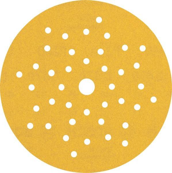 Eine runde, gelbe Schleifscheibe mit mehreren Löchern, die zum Schleifen von Oberflächen verwendet wird.