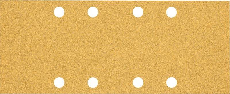 Ein Blatt Schleifpapier mit vier gleichmäßig verteilten Löchern, das zum glatten Schleifen von Oberflächen bei Holzarbeiten oder anderen Handwerksarbeiten verwendet wird.