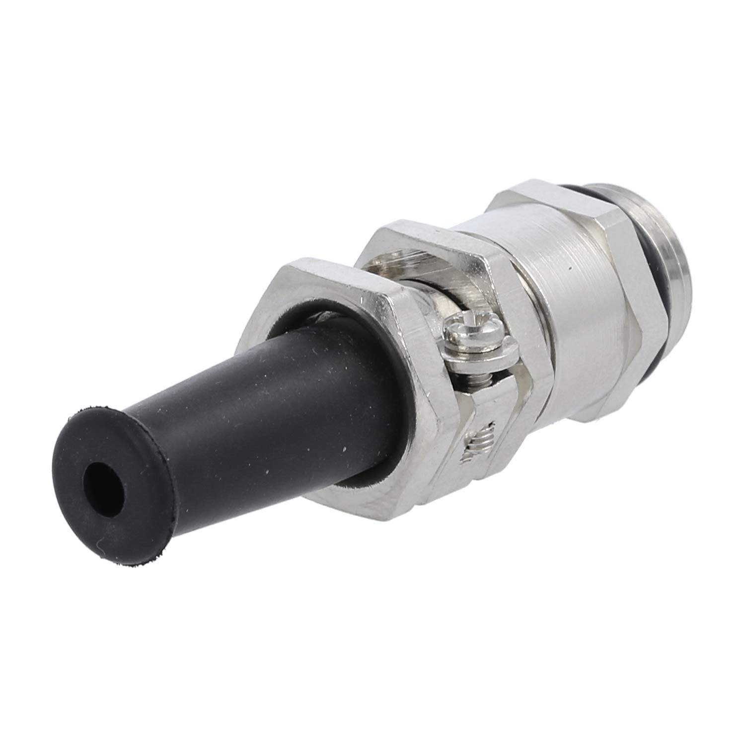 Eine metallische Kabeleinführung mit schwarzer Gummidichtung, die zum Befestigen von Elektrokabeln durch ein Schaltfeld ausgelegt ist und Zugentlastung sowie Schutz bietet.