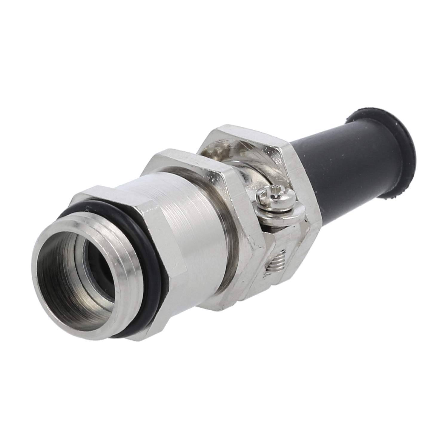 Ein Metall- und Kunststoff-Kabelverschraubung mit gewindeltem Ende und Gummidichtung, verwendet zum Sichern von Kabeln und zur Bereitstellung von Zugentlastung.