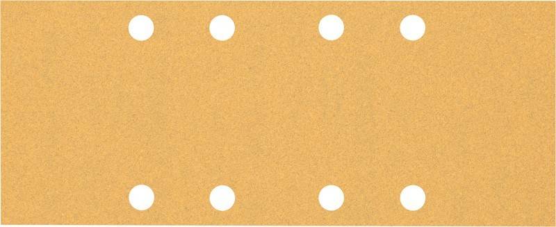 Ein Blatt beigen Schleifpapiers mit vier gleichmäßig verteilten kreisrunden Löchern.