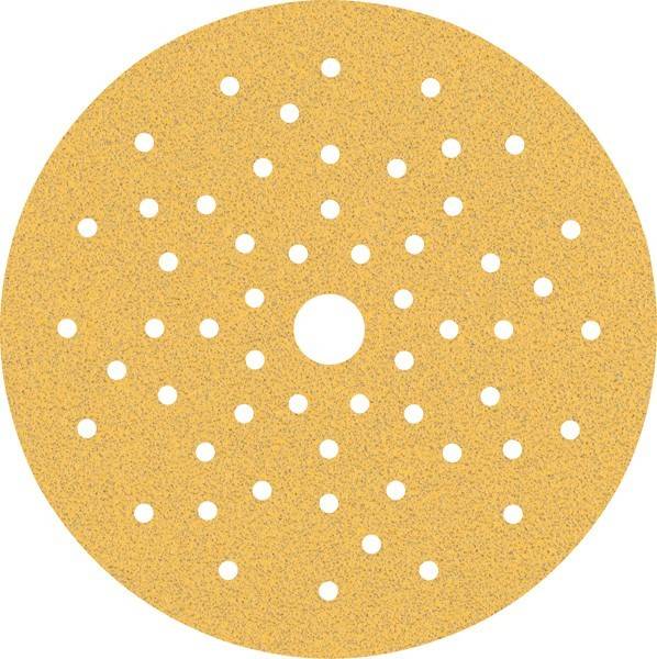 Eine runde, gelbe Schleifscheibe mit mehreren kleinen Löchern wird gezeigt.