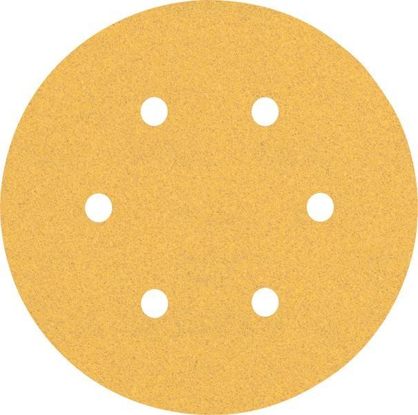 Runde Schleifpapier-Scheibe mit sechs gleichmäßig verteilten Löchern, die für den Einsatz mit einem Schleifer konzipiert ist.