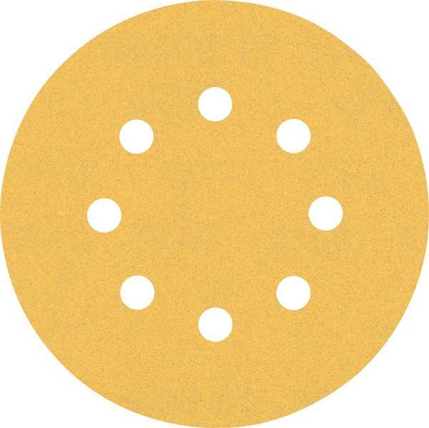 Eine runde Schleifpapierscheibe mit acht gleichmäßig verteilten Löchern für einen staubfreien Schleifvorgang.
