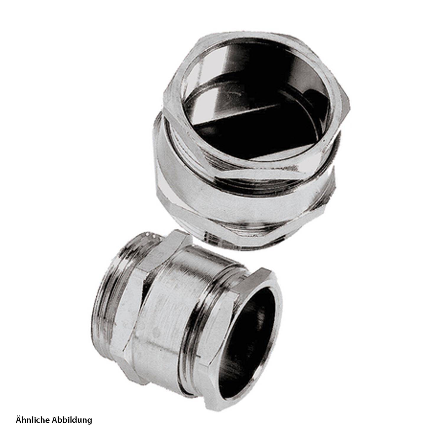 Zwei Metallrohrverbinder in Nahaufnahme, die ihr Gewindedesign für sichere Befestigung in Sanitär- oder Industrieanwendungen veranschaulichen.