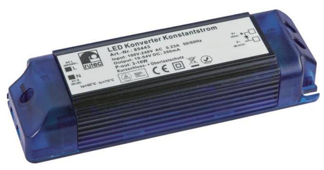Blauem LED-Konstantstromversorgung-Treiber mit beschrifteten Spezifikationen oben, auf weißem Hintergrund dargestellt.
