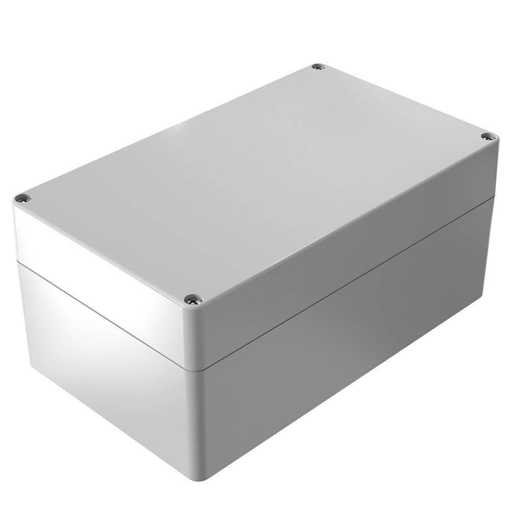 Rechteckige graue Metallbox mit Schrauben an jeder Ecke, aus einem Winkel betrachtet, was auf ein geschlossenes elektronisches Gehäuse oder einen Aufbewahrungsbehälter hindeutet.