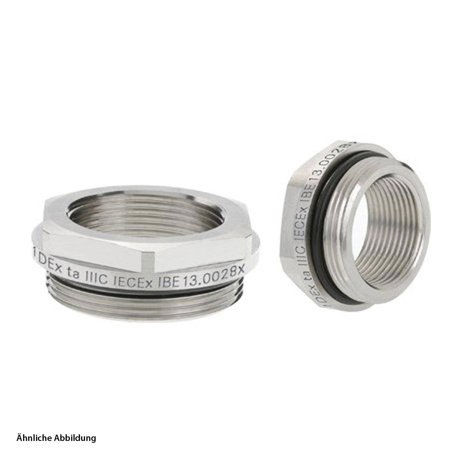 Zwei Metallschrauben mit eingraviertem Text: 'Ex ta IIIC IECEx IBE13.0028X'. Eine Schraube liegt flach, die andere ist aufrecht und zeigt das Gewinde.
