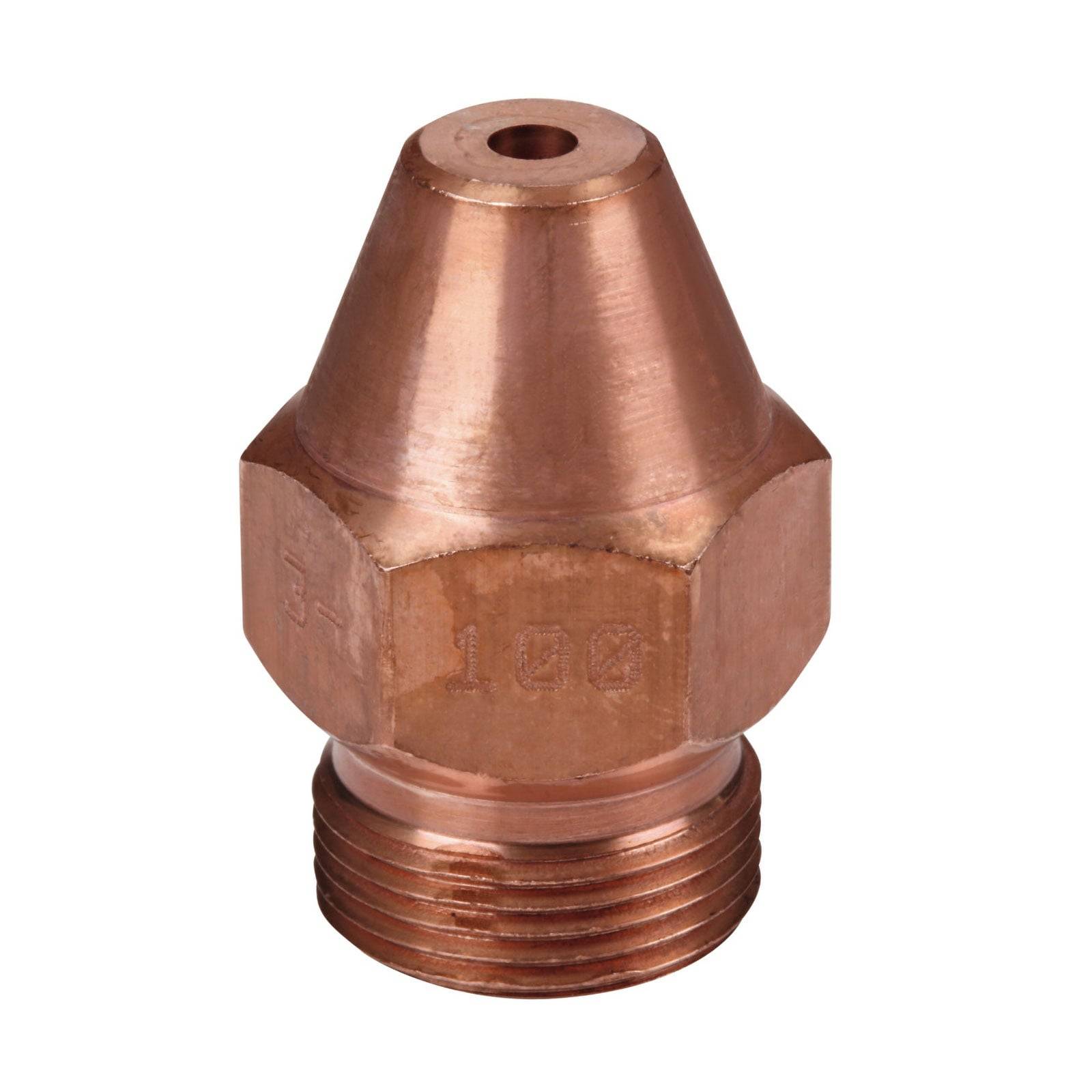 Eine Kupferdüse mit sechseckigem Kopf und Gewindebolzen, die typischerweise in Schweißoder Schneidbrenner verwendet wird, vor einem weißen Hintergrund.