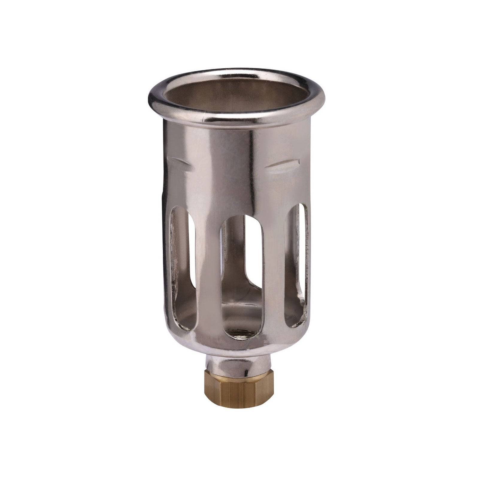 Ein Hitzeverteiler aus Edelstahl mit Schlitzdesign und Messingspitze, der zum gleichmäßigen Verteilen von Flammenenergie bei Kochvorgängen verwendet wird.