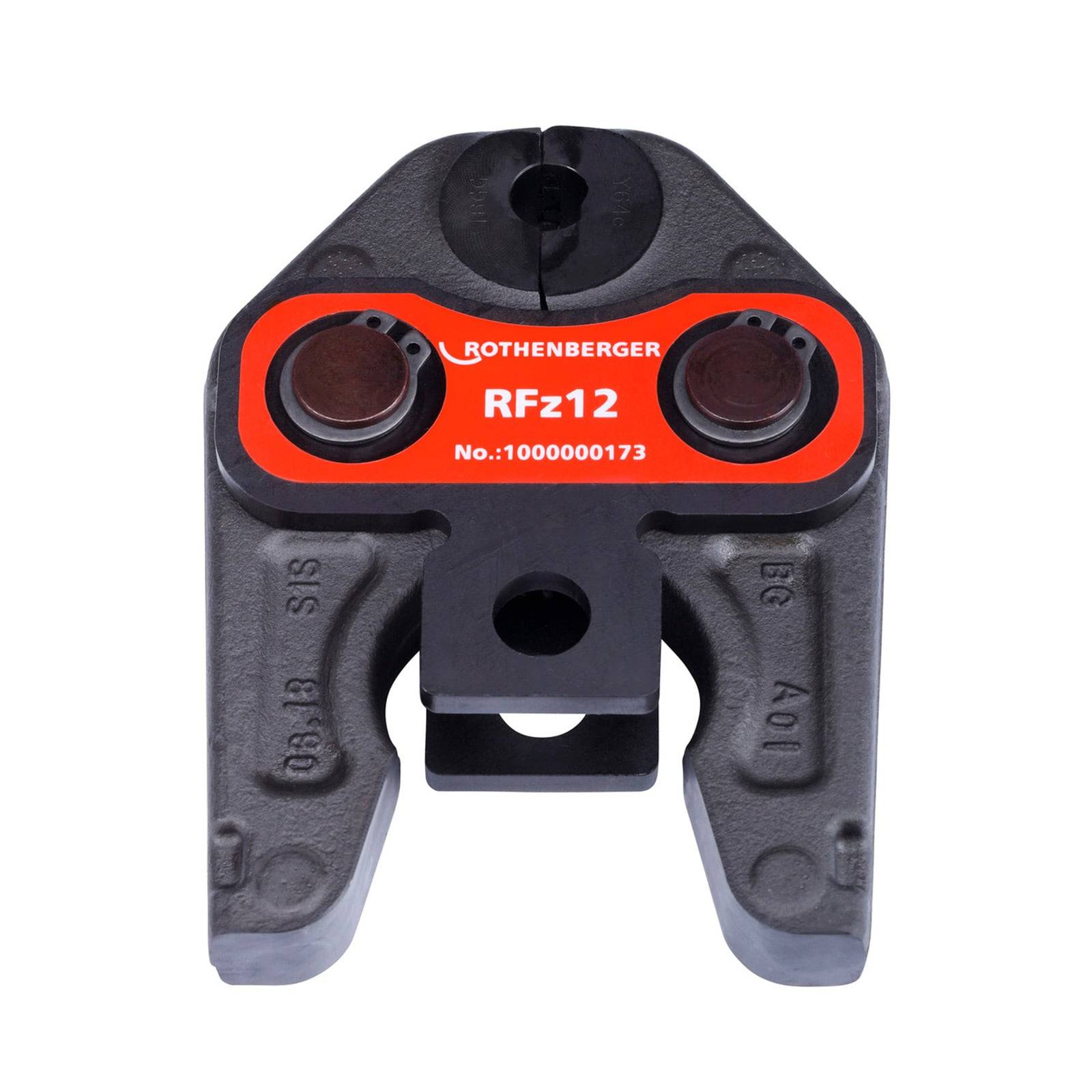 Ein Nahaufnahme eines schwarzen und roten sechseckigen Werkzeugkopfes mit dem Text 'ROTHENBERGER RFZ12' und der Seriennummer '1000000173'.
