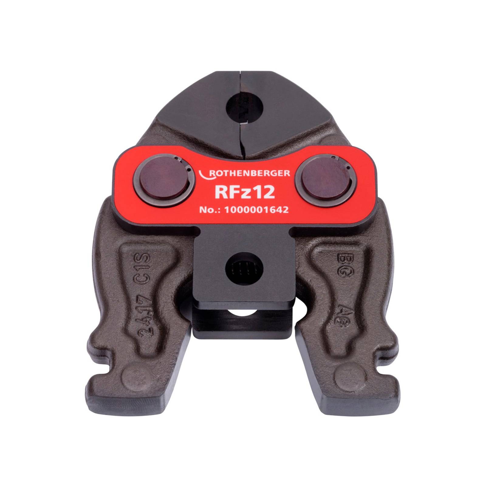 Ein Rothenberger RFZ12 Presszangenwerkzeug mit der Produktnummer 1000001642. Das Werkzeug wird für Rohrpressanwendungen verwendet.