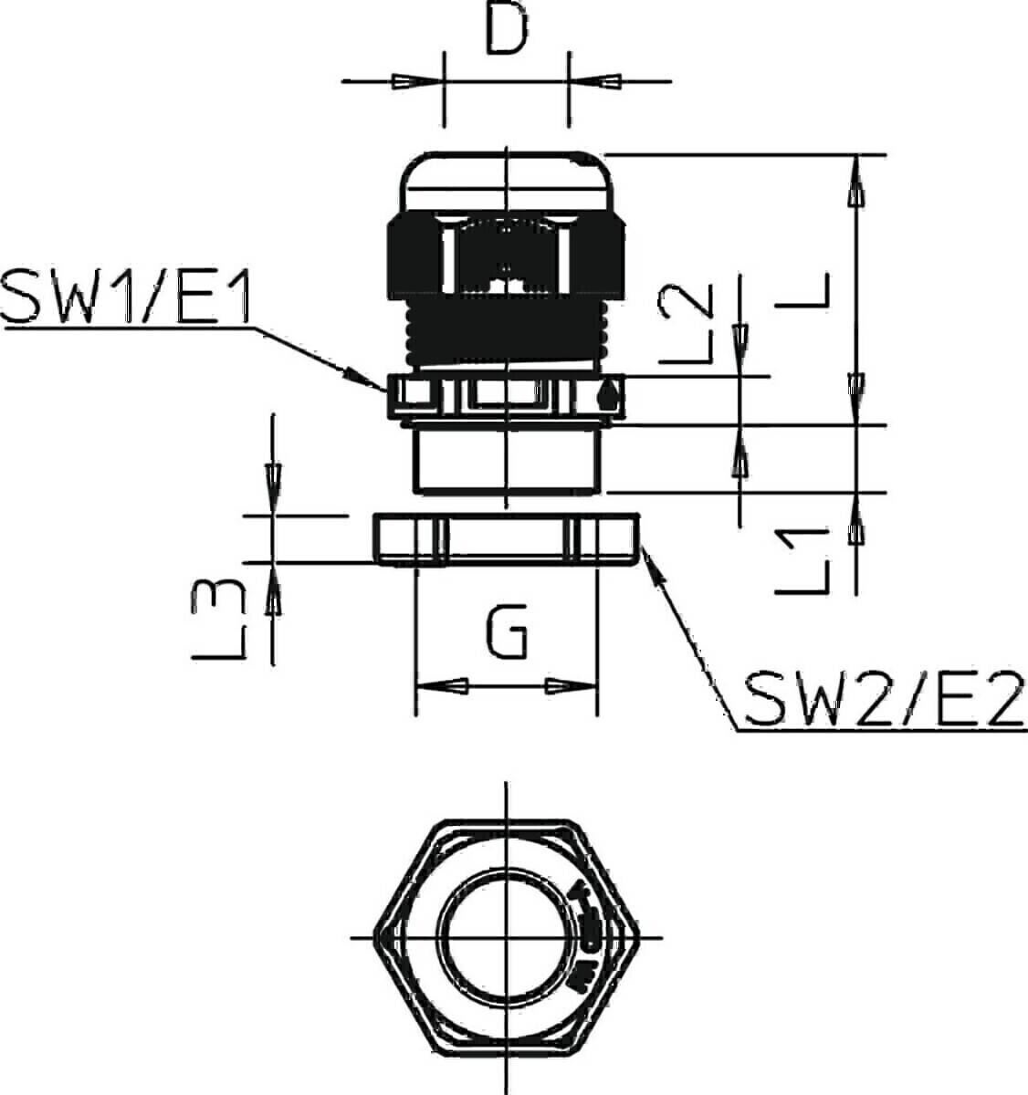 Technische Zeichnung einer mechanischen Komponente mit beschrifteten Abmessungen D, B, L1, L2, L3, G, SW1/E1, SW2/E2, mit Seiten- und Draufsicht.