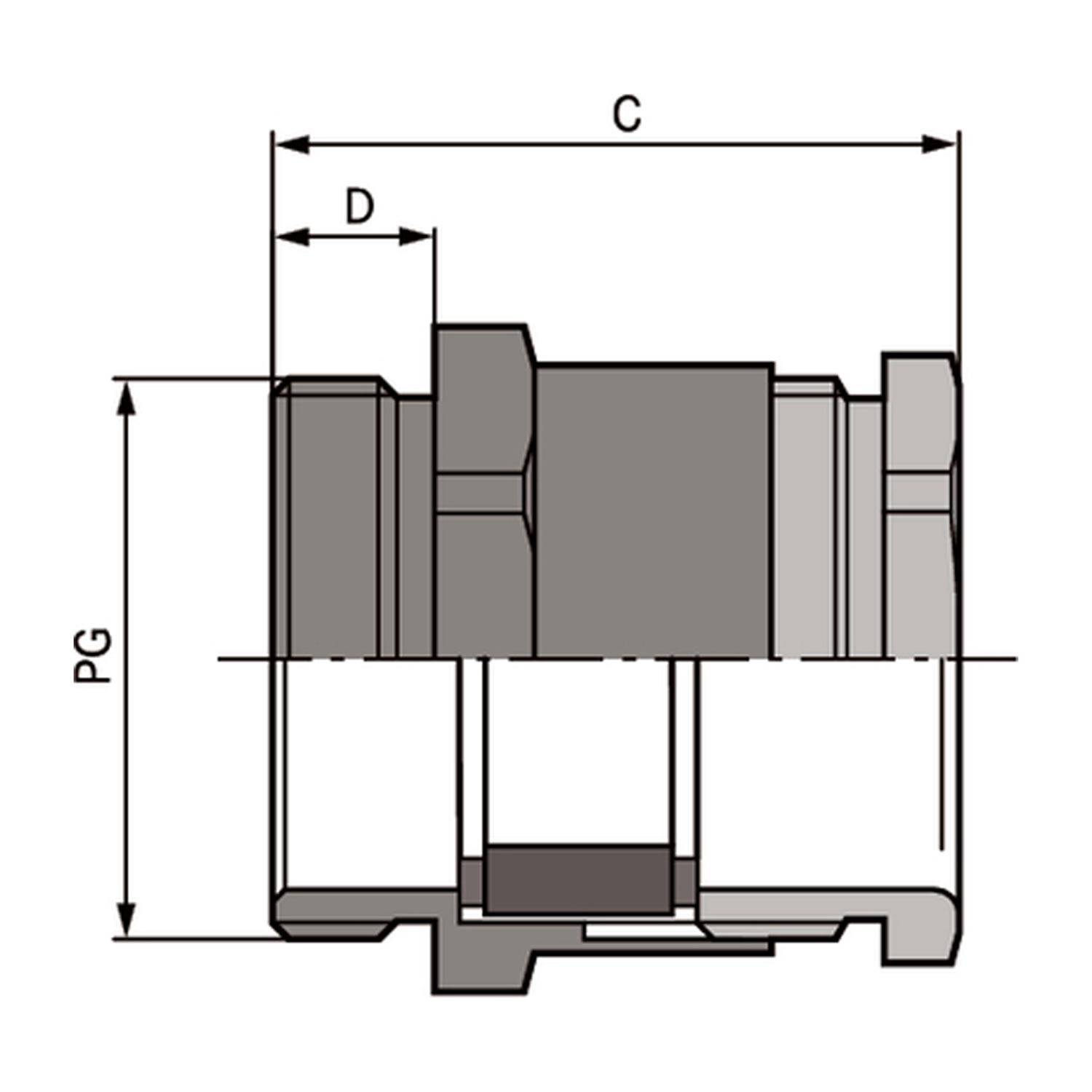 Technische Zeichnung eines mechanischen Bauteils mit beschrifteten Abmessungen PG, C und D, die Maße und detaillierte strukturelle Merkmale anzeigen.