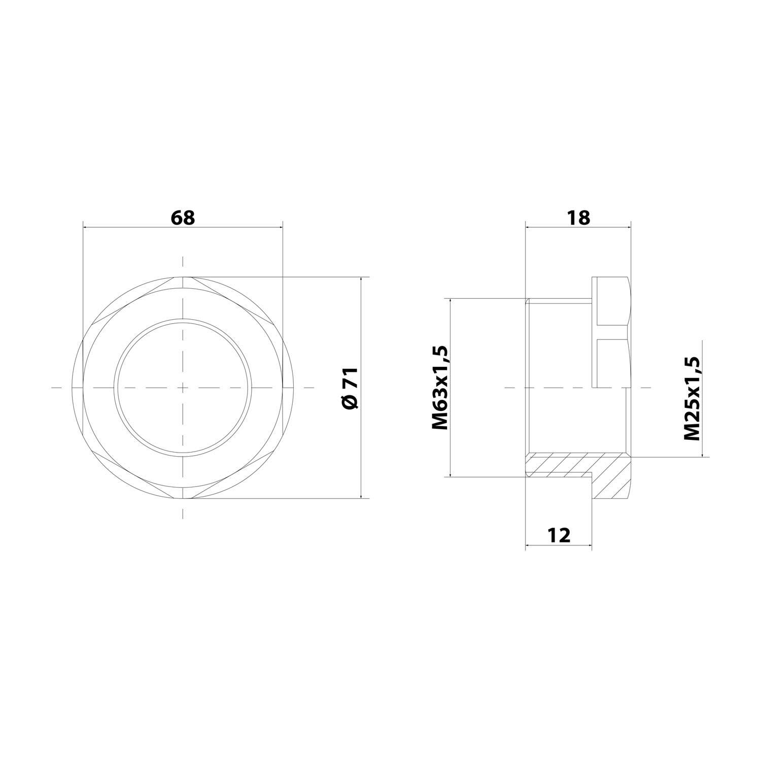 Technische Zeichnung eines mechanischen Bauteils mit zwei Ansichten: Draufsicht mit einem Durchmesser von 71 mm und Seitenansicht mit verschiedenen Abmessungen.