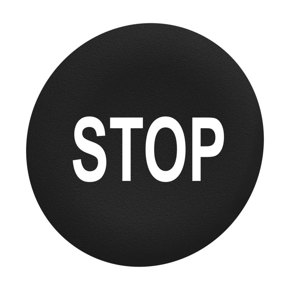 Ein schwarzer runder Knopf mit dem Wort 'STOP' in fetten weißen Buchstaben in der Mitte.