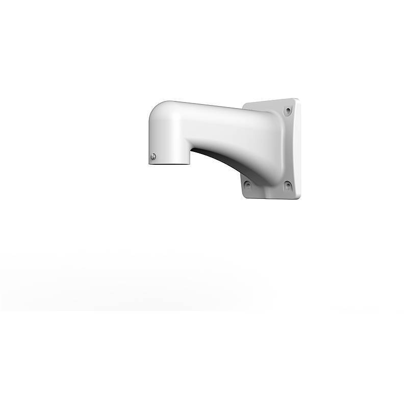 Eine weiße Wandhalterung, entwickelt für Sicherheitskameras, die vor einem schlichten weißen Hintergrund abgebildet ist. Die Halterung hat eine zylindrische Form.