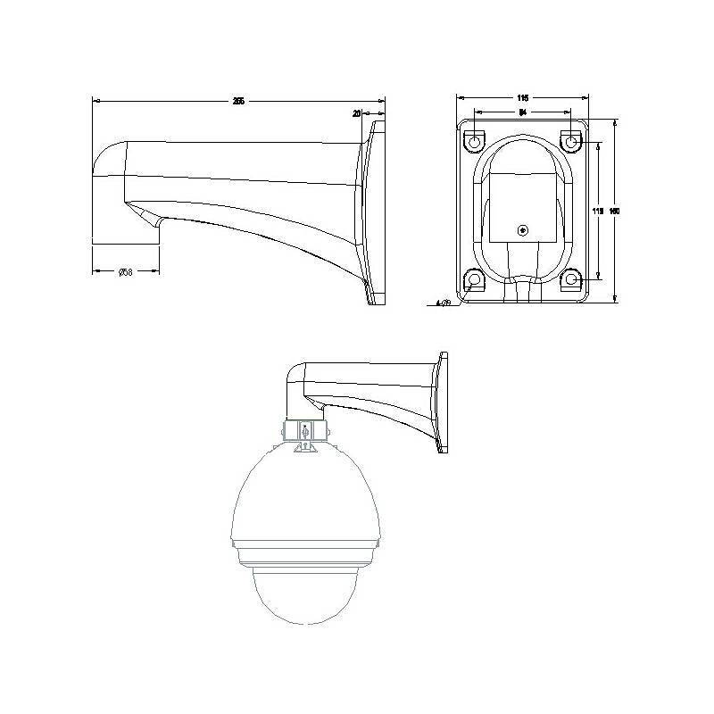 Technische Zeichnung zur Darstellung der Abmessungen einer wandmontierten Kamera-Halterung für eine Kuppelsicherheitskamera, mit Vorder-, Seiten- und Draufsicht mit Maßangaben.
