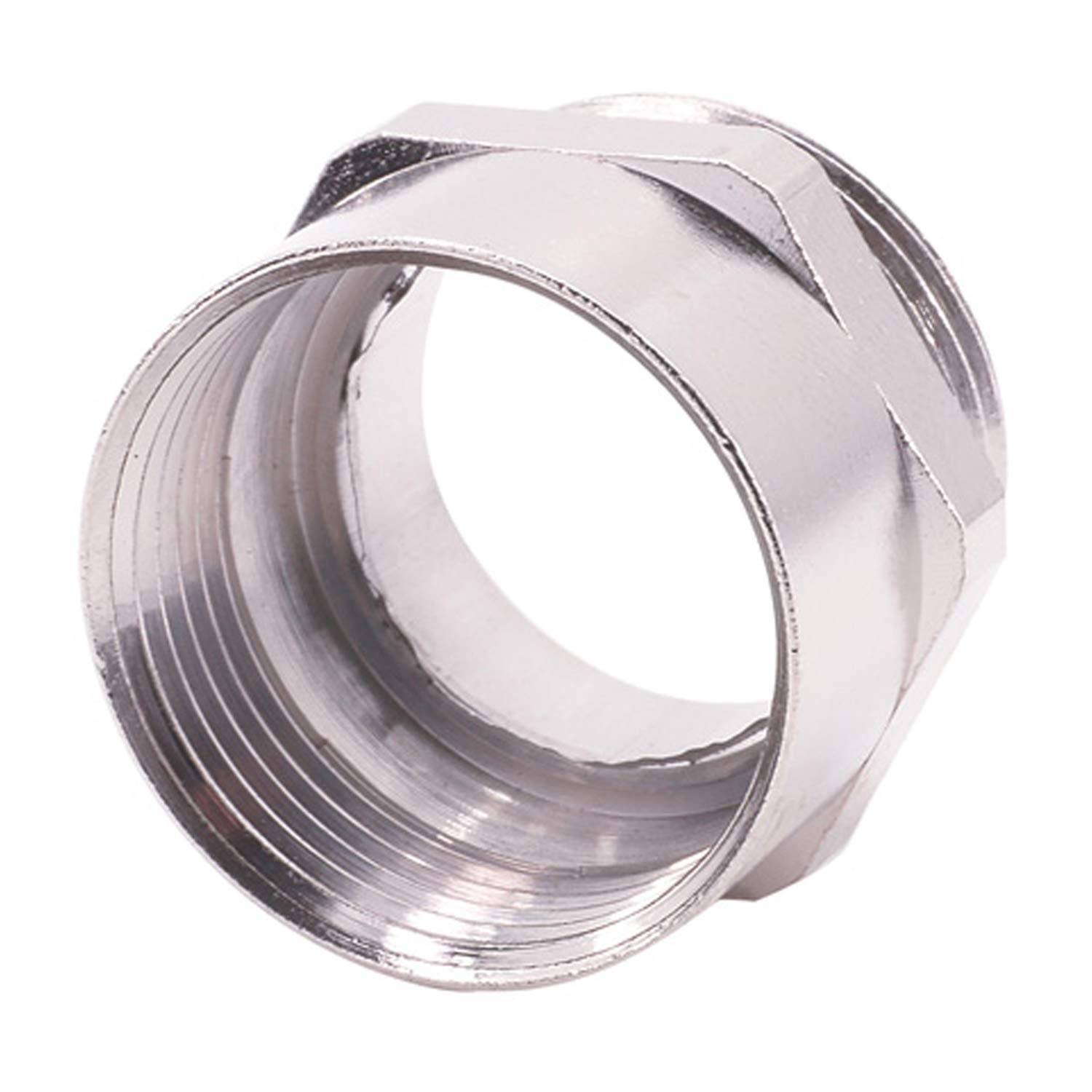 Eine Silbermetallanschlussmutter mit sechseckigen Kanten und innerer Gewindeausführung, die zum Verbinden oder Befestigen von Teilen in der Sanitär- oder Maschinentechnik verwendet wird.