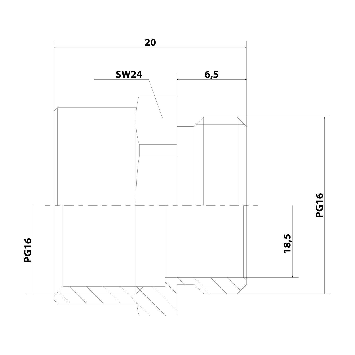 Technische Zeichnung eines zylindrischen Objekts mit Abmessungen: 20mm, SW24, 6,5mm, 18,5mm, PG16 gesamt und Schnittansicht, die interne Details anzeigt.