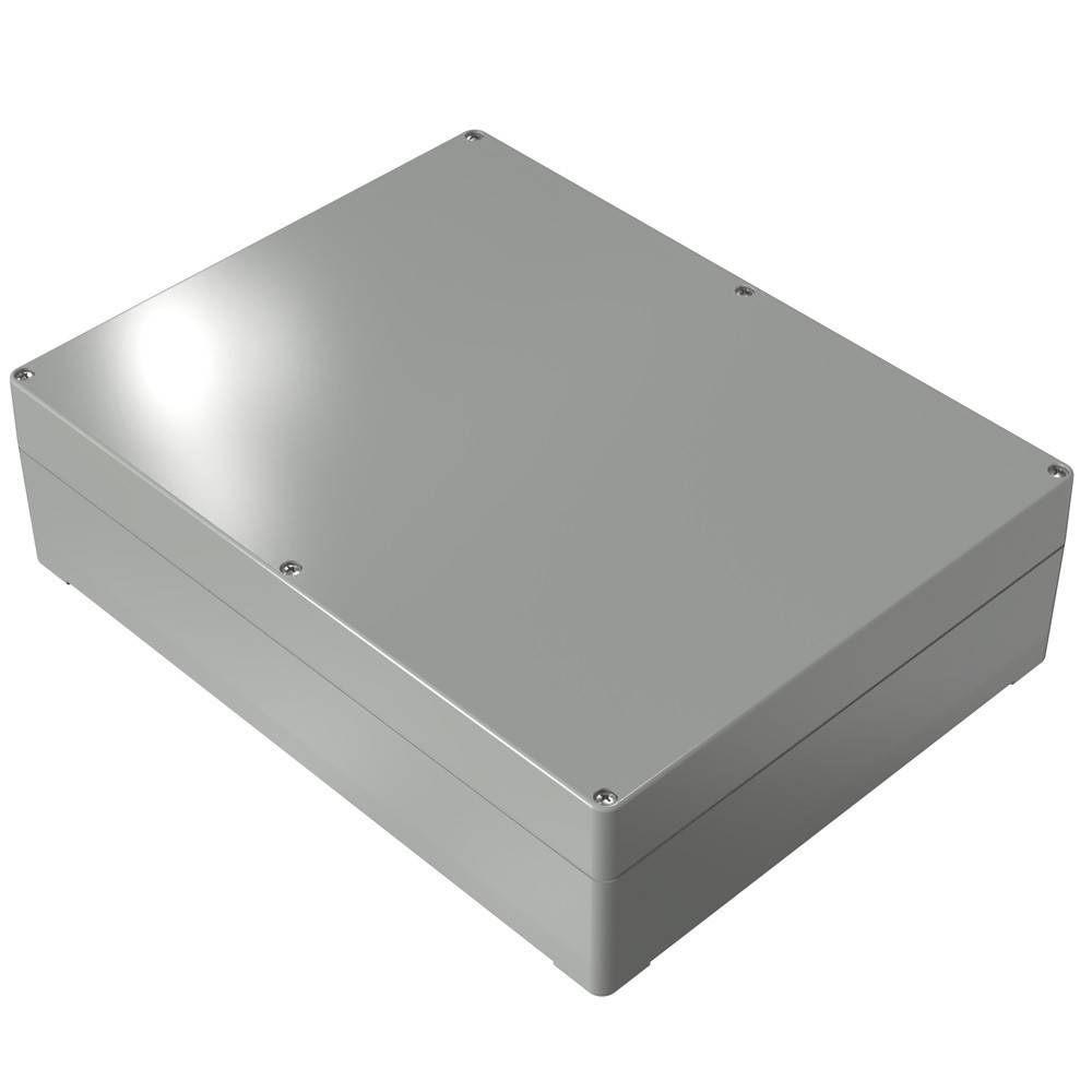 Eine graue rechteckige Metallbox mit einer glatten, reflektierenden Oberfläche und abgerundeten Kanten, auf einem einfarbigen weißen Hintergrund positioniert.