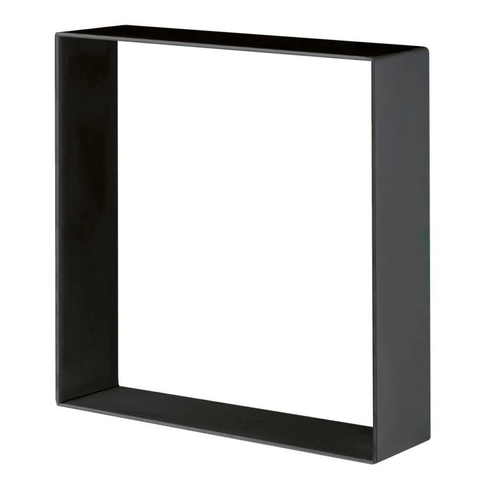 Schwarzes quadratisches Wandregal oder offener Kastenrahmen auf weißem Hintergrund dargestellt.