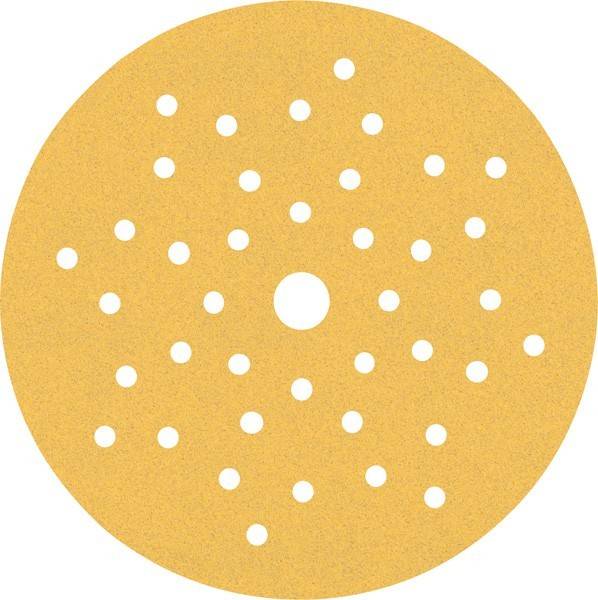 Eine kreisrunde Schleifpapierscheibe mit zahlreichen gleichmäßig verteilten Löchern, die zum Schleifen von Oberflächen verwendet wird. Die Löcher unterstützen die Staubentfernung während des Gebrauchs.