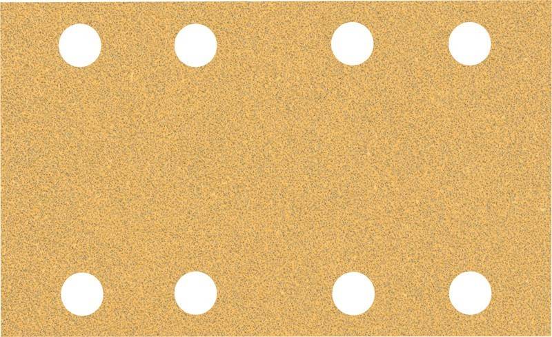 Ein quadratisches Blatt Schleifpapier mit vier gleichmäßig verteilten Löchern wird gezeigt. Die Textur ist grob und deutet auf einen rauen Schleifgrad zum Bearbeiten von Oberflächen hin.