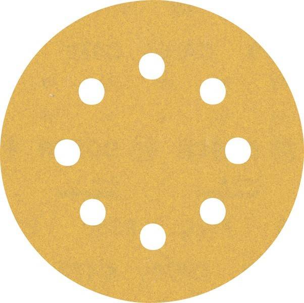 Eine runde, tanfarbene Schleifpapierscheibe mit acht gleichmäßig verteilten Löchern.