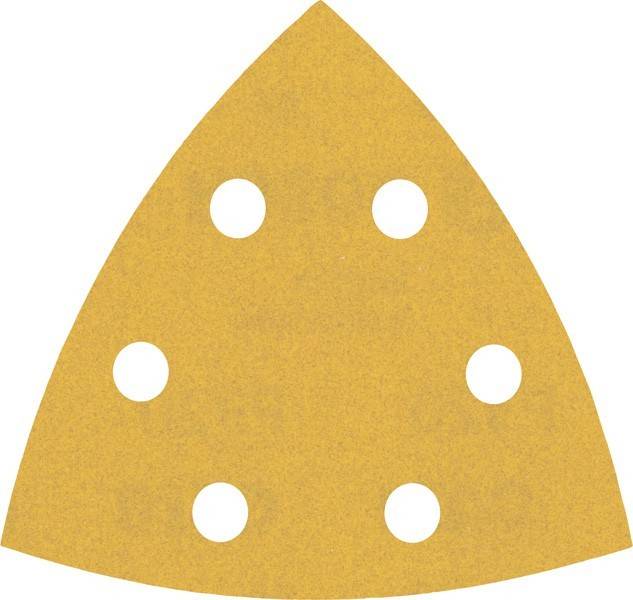 Ein dreieckiges Schleifpapierblatt mit sechs gleichmäßig verteilten kreisrunden Löchern, das für einen Deltaschleifer entwickelt wurde und üblicherweise für Holzarbeiten oder Feinarbeiten verwendet wird.