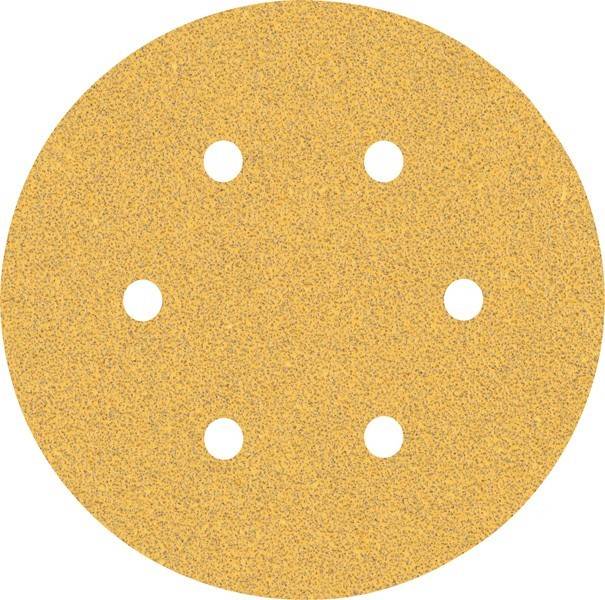 Eine kreisförmige Schleifpapier-Scheibe mit fünf gleichmäßig verteilten Löchern, die zum glatten Schleifen von Oberflächen in der Holzbearbeitung oder bei ähnlichen Arbeiten verwendet wird.