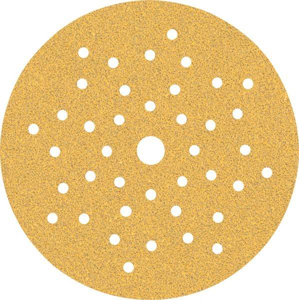 Eine runde Schleifpapier-Scheibe mit mehreren Löchern, die für den Anschluss an Power-Schleifwerkzeuge konzipiert ist und zum Glätten von Oberflächen verwendet wird.