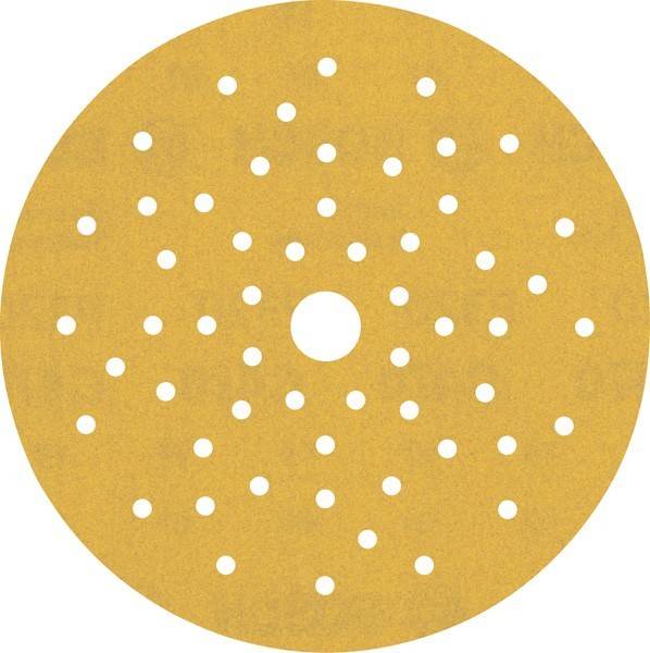 Eine runde, gelochte Schleifpapierscheibe mit zahlreichen Löchern und einem zentralen Loch, die zum Schleifen von Oberflächen in der Holzverarbeitung und anderen Handwerken verwendet wird.