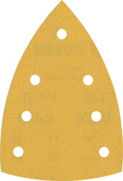 Ein dreieckiges Schleifpapierblatt mit abgerundeten Kanten, das sieben gleichmäßig verteilte Löcher zur Staubabsaugung aufweist. Ideal zum Feinschliff in engen Bereichen.