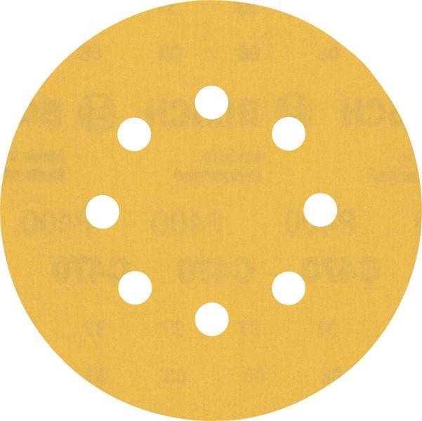 Eine kreisförmige Schleifpapierplatte mit acht gleichmäßig verteilten Löchern.