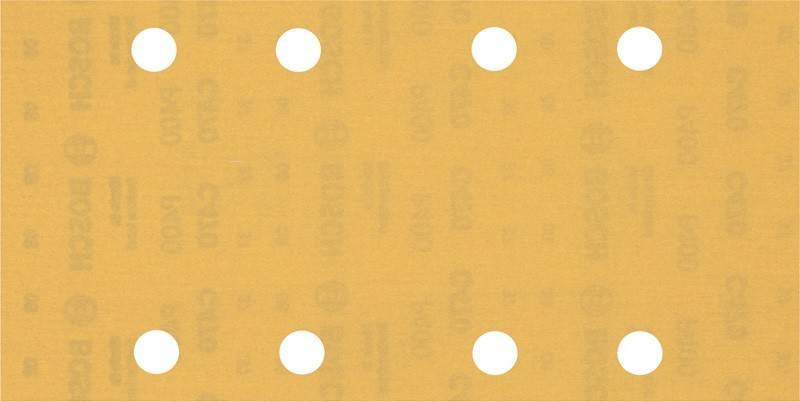 Eine gelochte gelbe Pinnwand mit vier gleichmäßig verteilten Löchern in quadratischer Anordnung.