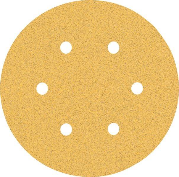 Eine runde, gelbe Schleifscheibe mit sechs gleichmäßig verteilten Löchern.