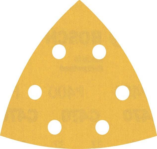 Eine dreieckige gelbe Schleifpapierscheibe mit sechs gleichmäßig verteilten Löchern, die zum Schleifen und Glätten von Oberflächen mit kompatiblen Werkzeugen verwendet wird.