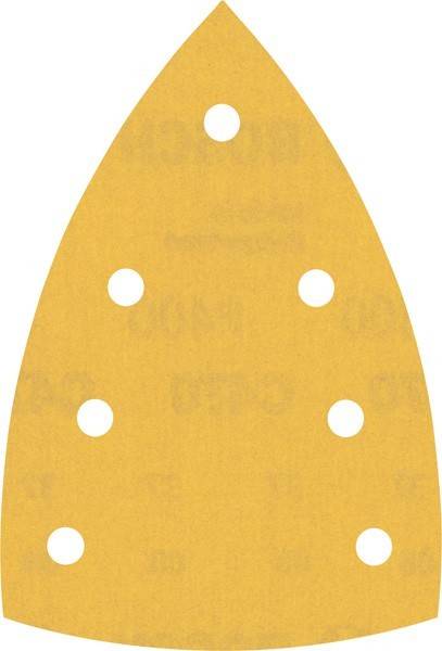 Ein dreieckiges Schleifpapierblatt mit sechs gleichmäßig verteilten Löchern, das zum Glätten von Oberflächen in der Holzbearbeitung oder ähnlichen Tätigkeiten verwendet wird.