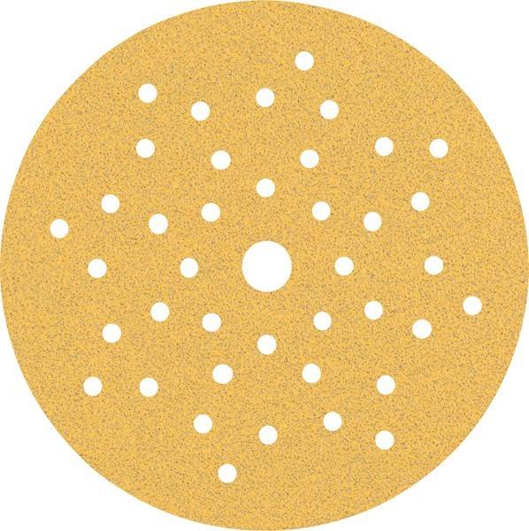 Eine runde, gelochte Schleifpapierscheibe mit zahlreichen kleinen Löchern, die in konzentrischen Mustern angeordnet sind und für die Befestigung an einer Elektro-Schleifmaschine konzipiert ist.