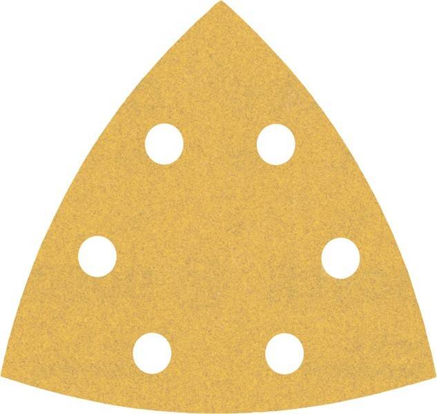 Dreieckiges Schleifblatt mit sechs Löchern zur Staubabsaugung, verwendet zum Glätten von Oberflächen.