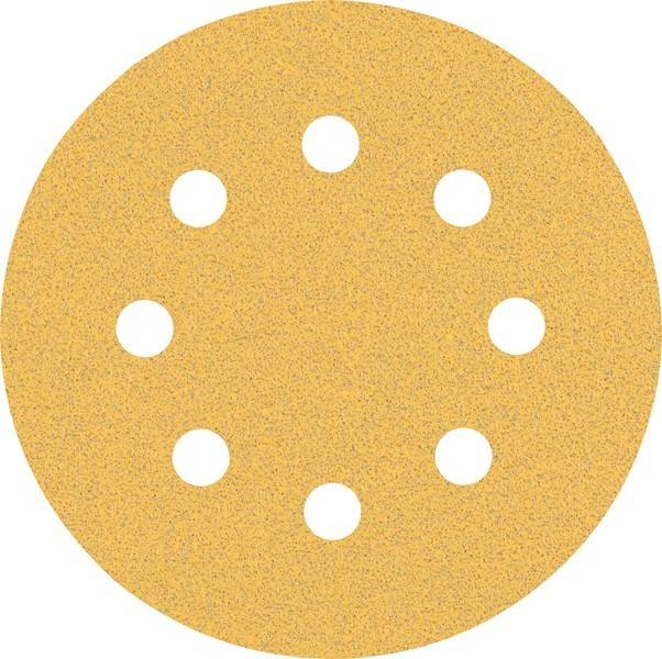 Eine runde Schleifpapierscheibe mit acht gleichmäßig verteilten Löchern, die für Exzenterschleifer verwendet wird. Die Oberfläche ist grob und deutet auf ein mittleres Schleifkornmaß hin.